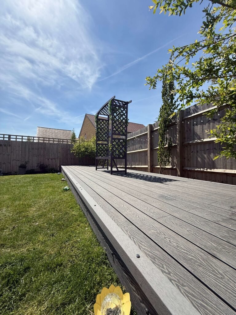 Close-up of fade-resistant composite decking boards enhancing a Lancing garden.